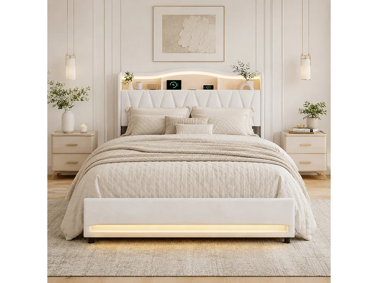 Lit Double 140x200cm avec 4 tiroirs, Lit adulte en Velours avec Éclairage LED, Prises USB/Type-C, Cadre de Lit capitonné pour Adolescents et adultes, Beige
