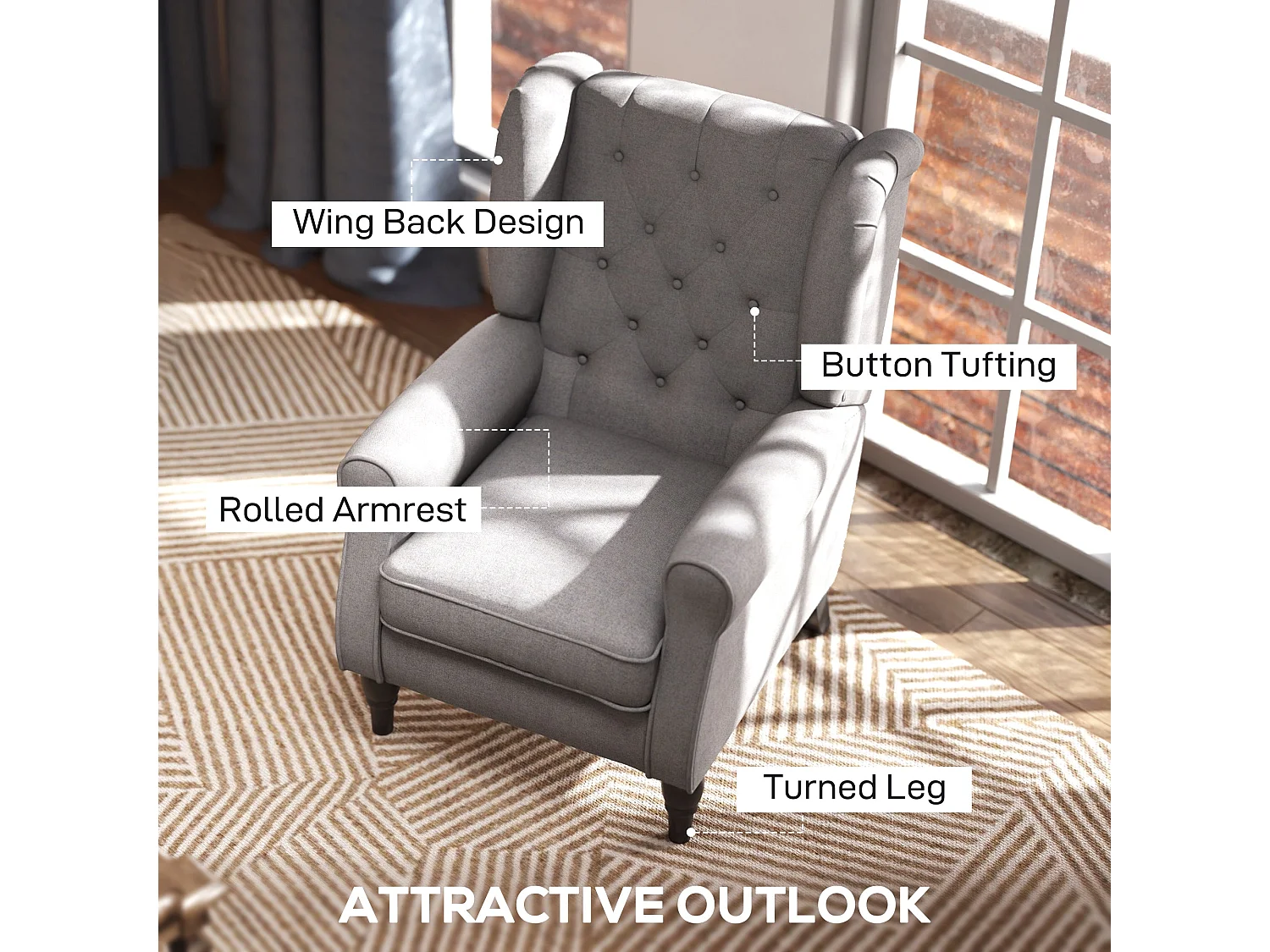 Diveco Grey Wingback Accent Chair with Button Tufting and Wooden Frame