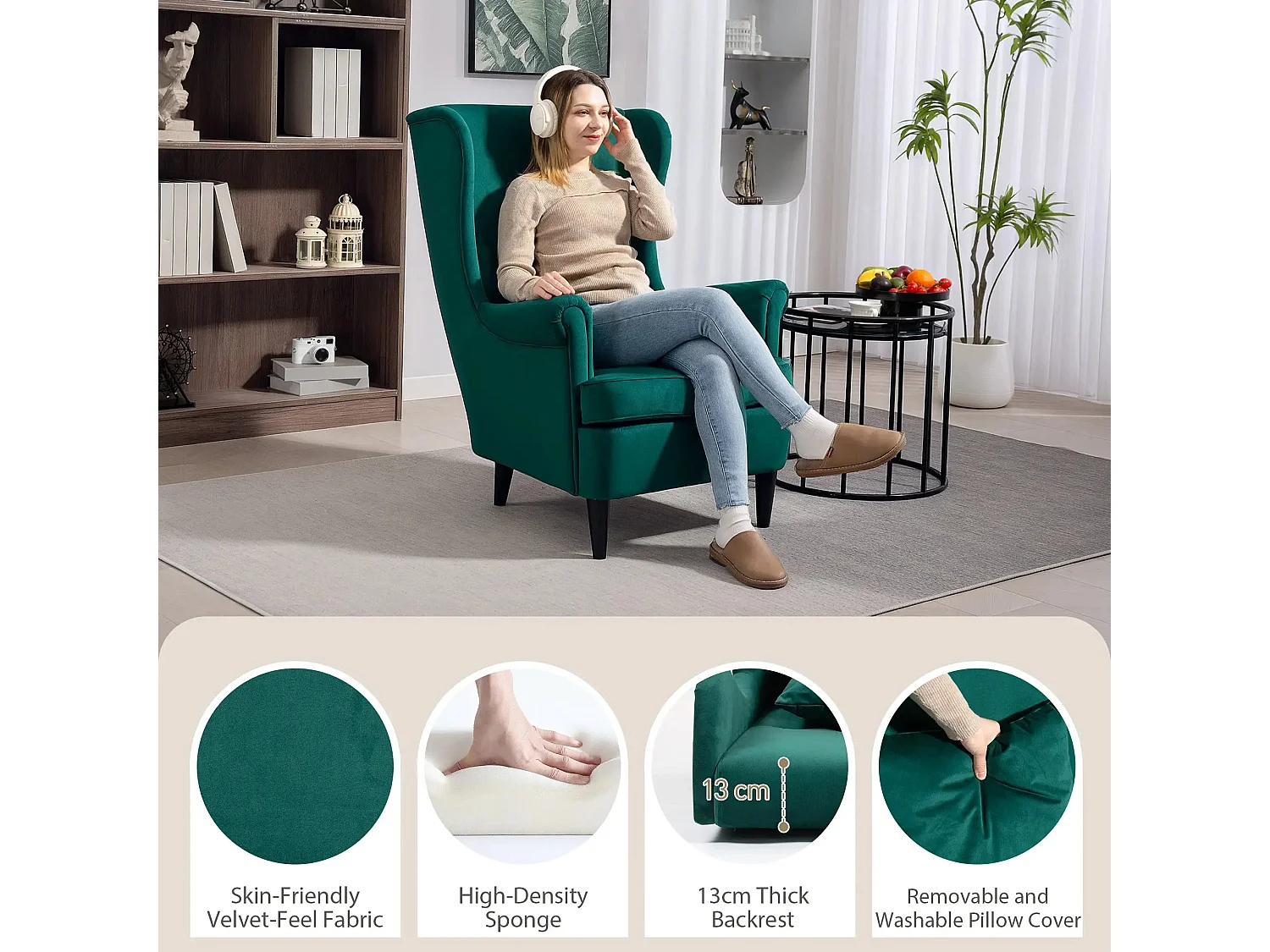 Velvet Dark Green Wingback Accent Chair High Back with Pillow Wooden Legs