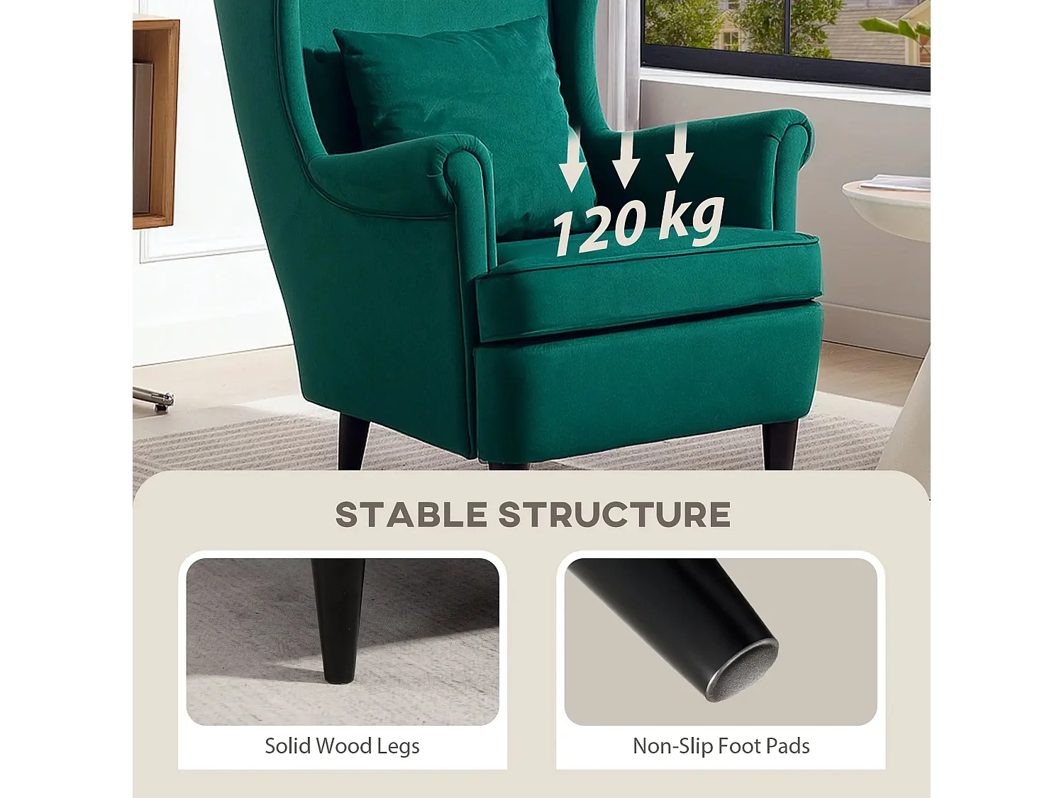 Velvet Dark Green Wingback Accent Chair High Back with Pillow Wooden Legs