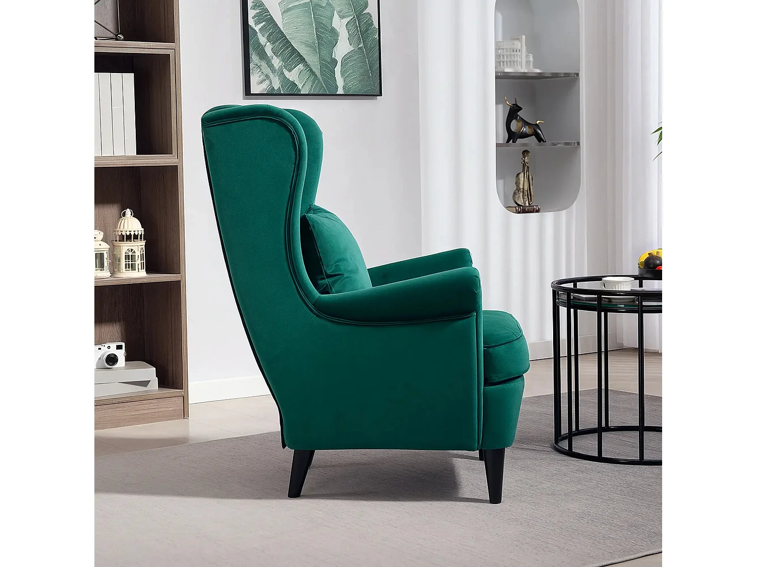Velvet Dark Green Wingback Accent Chair High Back with Pillow Wooden Legs