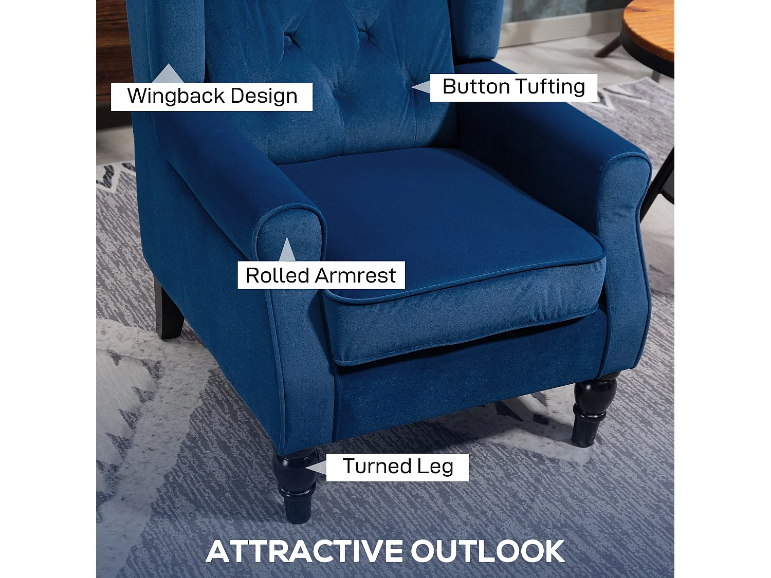 Topano Blue Velvet Feel Wingback Accent Armchair Diamond Button Tufted