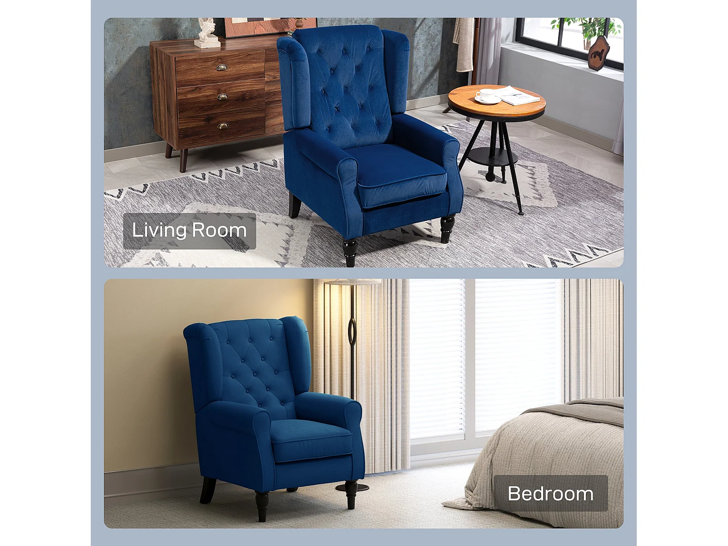 Topano Blue Velvet Feel Wingback Accent Armchair Diamond Button Tufted