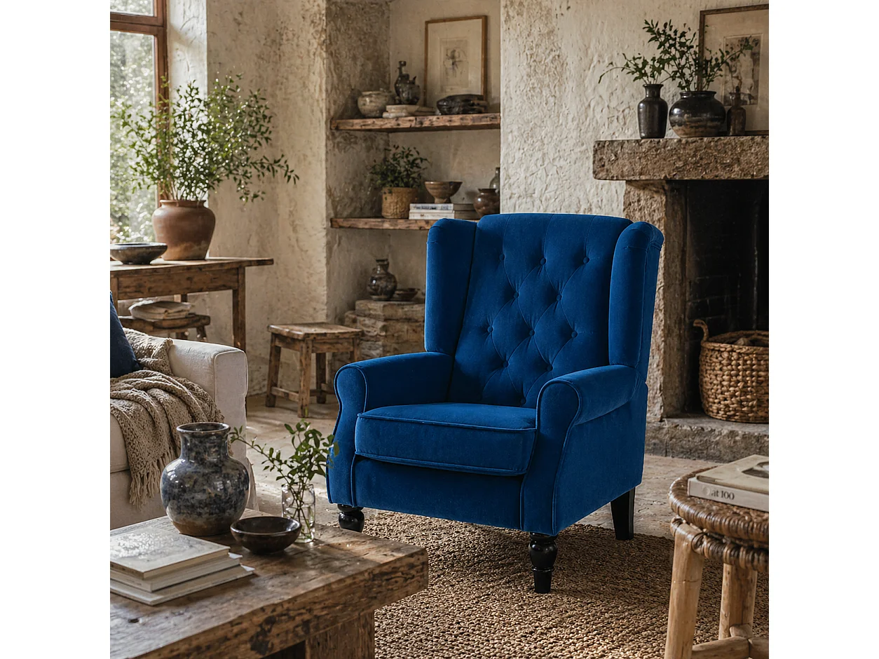 Topano Blue Velvet Feel Wingback Accent Armchair Diamond Button Tufted