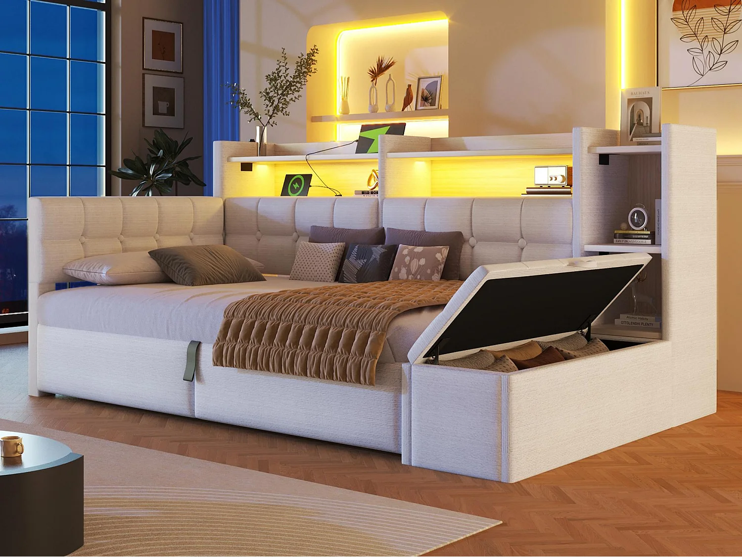 Bäddsoffa med förvaring 90 × 200 cm - med USB + Type-C-portar - förvaringsbänk vid sängens fotände - med LED-ljusslinga - vit