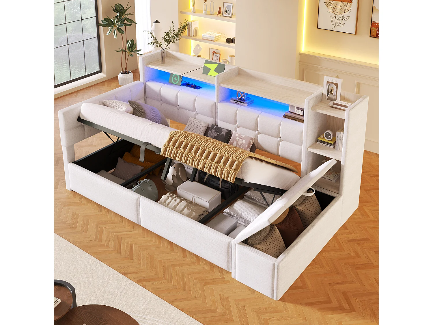 Bäddsoffa med förvaring 90 × 200 cm - med USB + Type-C-portar - förvaringsbänk vid sängens fotände - med LED-ljusslinga - vit