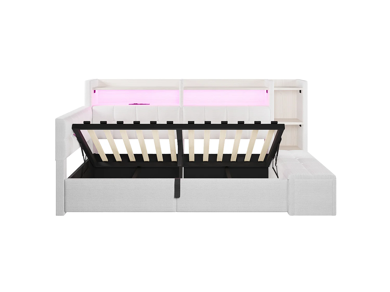 Bäddsoffa med förvaring 90 × 200 cm - med USB + Type-C-portar - förvaringsbänk vid sängens fotände - med LED-ljusslinga - vit