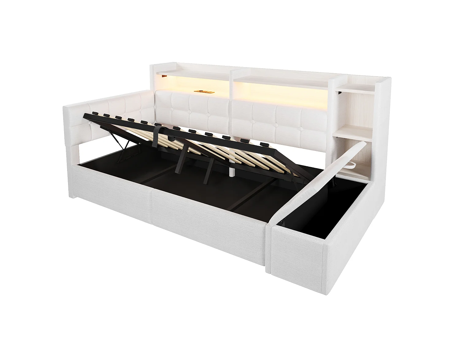 Bäddsoffa med förvaring 90 × 200 cm - med USB + Type-C-portar - förvaringsbänk vid sängens fotände - med LED-ljusslinga - vit