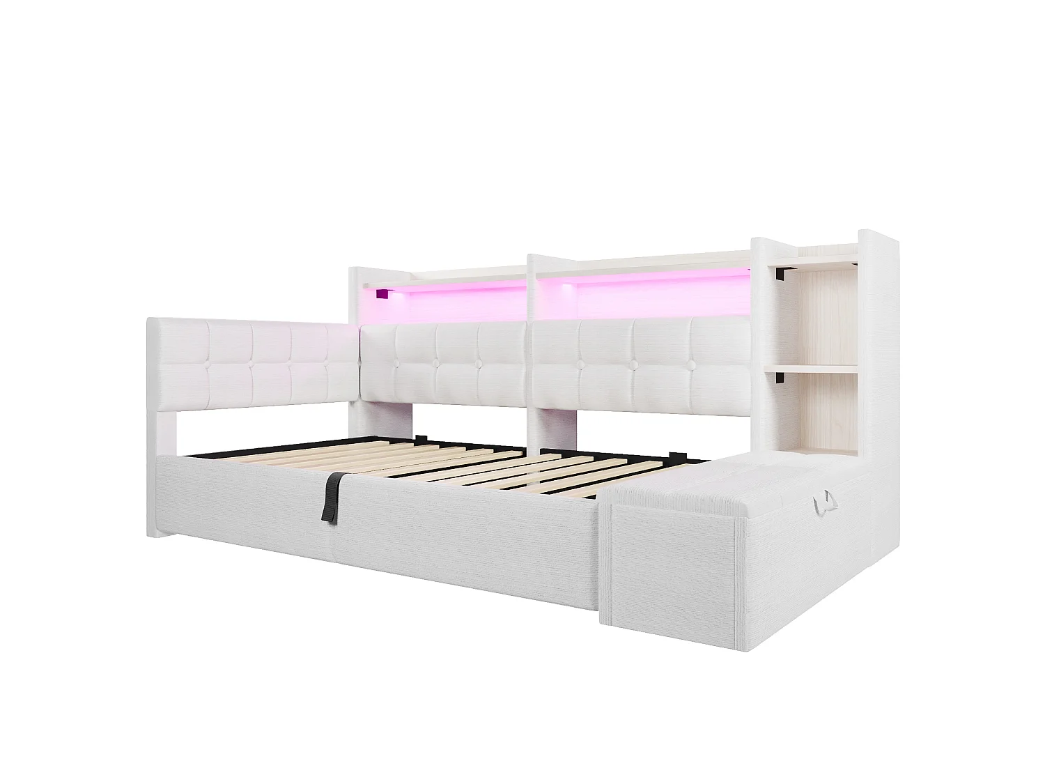 Bäddsoffa med förvaring 90 × 200 cm - med USB + Type-C-portar - förvaringsbänk vid sängens fotände - med LED-ljusslinga - vit