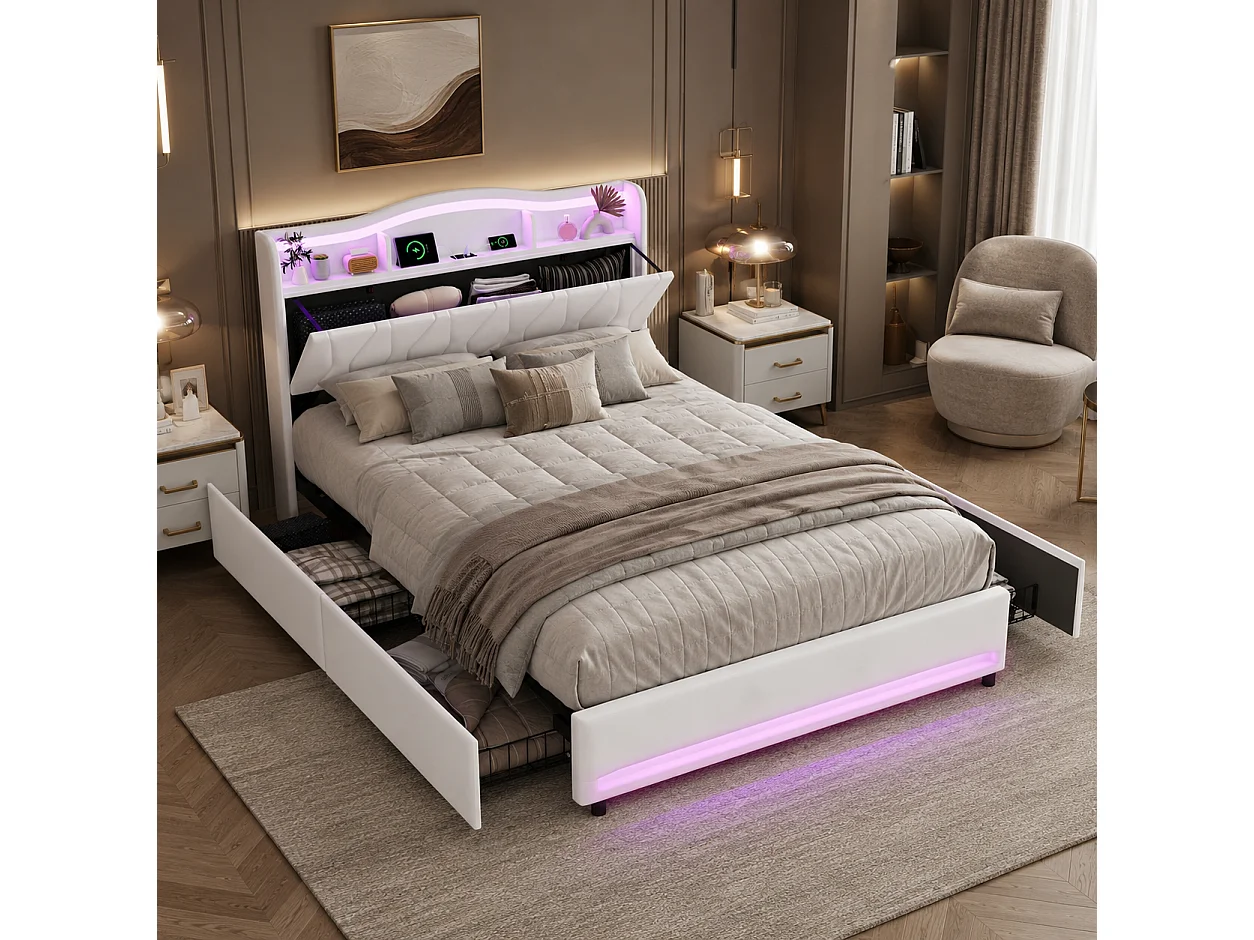 Lit Double 160x200cm avec 4 tiroirs, Lit adulte en Velours avec Éclairage LED, Prises USB/Type-C, Cadre de Lit capitonné pour Adolescents et adultes, Beige