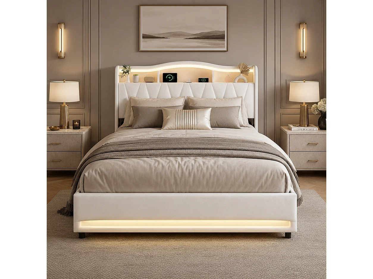 Lit Double 160x200cm avec 4 tiroirs, Lit adulte en Velours avec Éclairage LED, Prises USB/Type-C, Cadre de Lit capitonné pour Adolescents et adultes, Beige