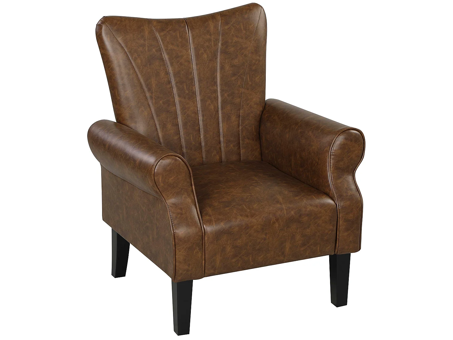 Vafi Brown PU Leather Wingback Accent Armchair Rolled Arms Padded Seat Rubber Wood Legs