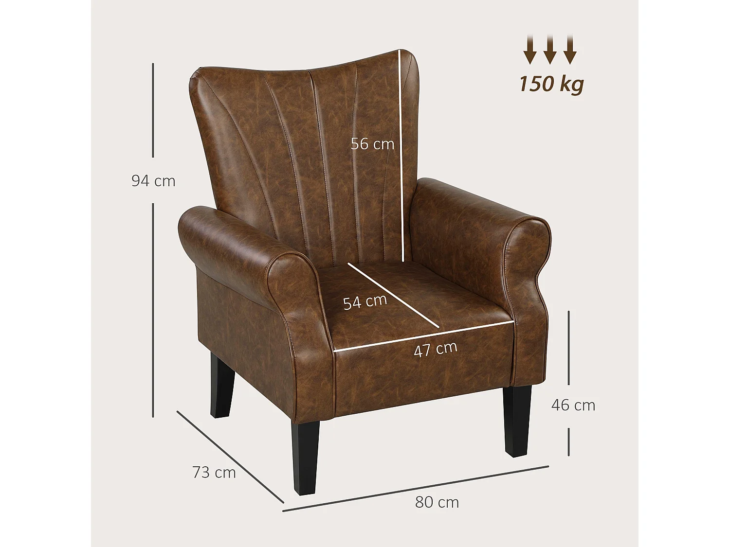 Vafi Brown PU Leather Wingback Accent Armchair Rolled Arms Padded Seat Rubber Wood Legs