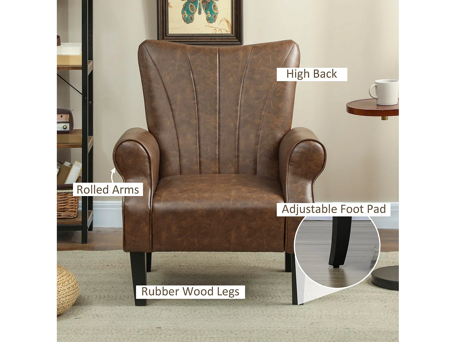 Vafi Brown PU Leather Wingback Accent Armchair Rolled Arms Padded Seat Rubber Wood Legs