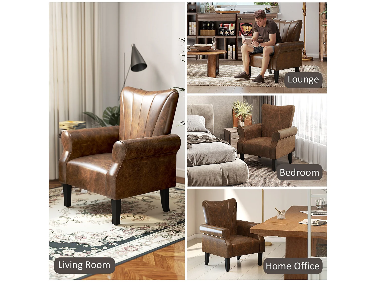 Vafi Brown PU Leather Wingback Accent Armchair Rolled Arms Padded Seat Rubber Wood Legs