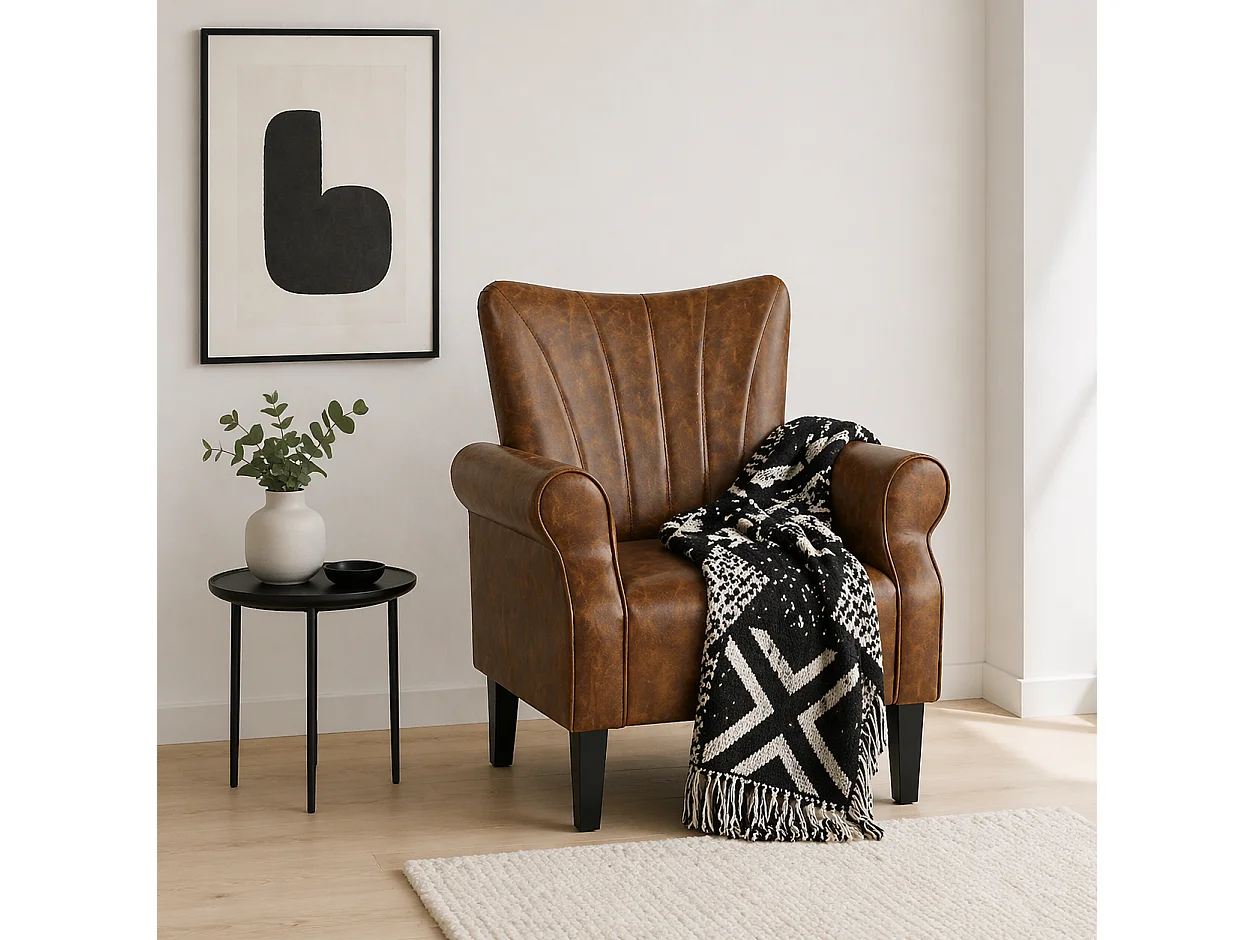 Vafi Brown PU Leather Wingback Accent Armchair Rolled Arms Padded Seat Rubber Wood Legs