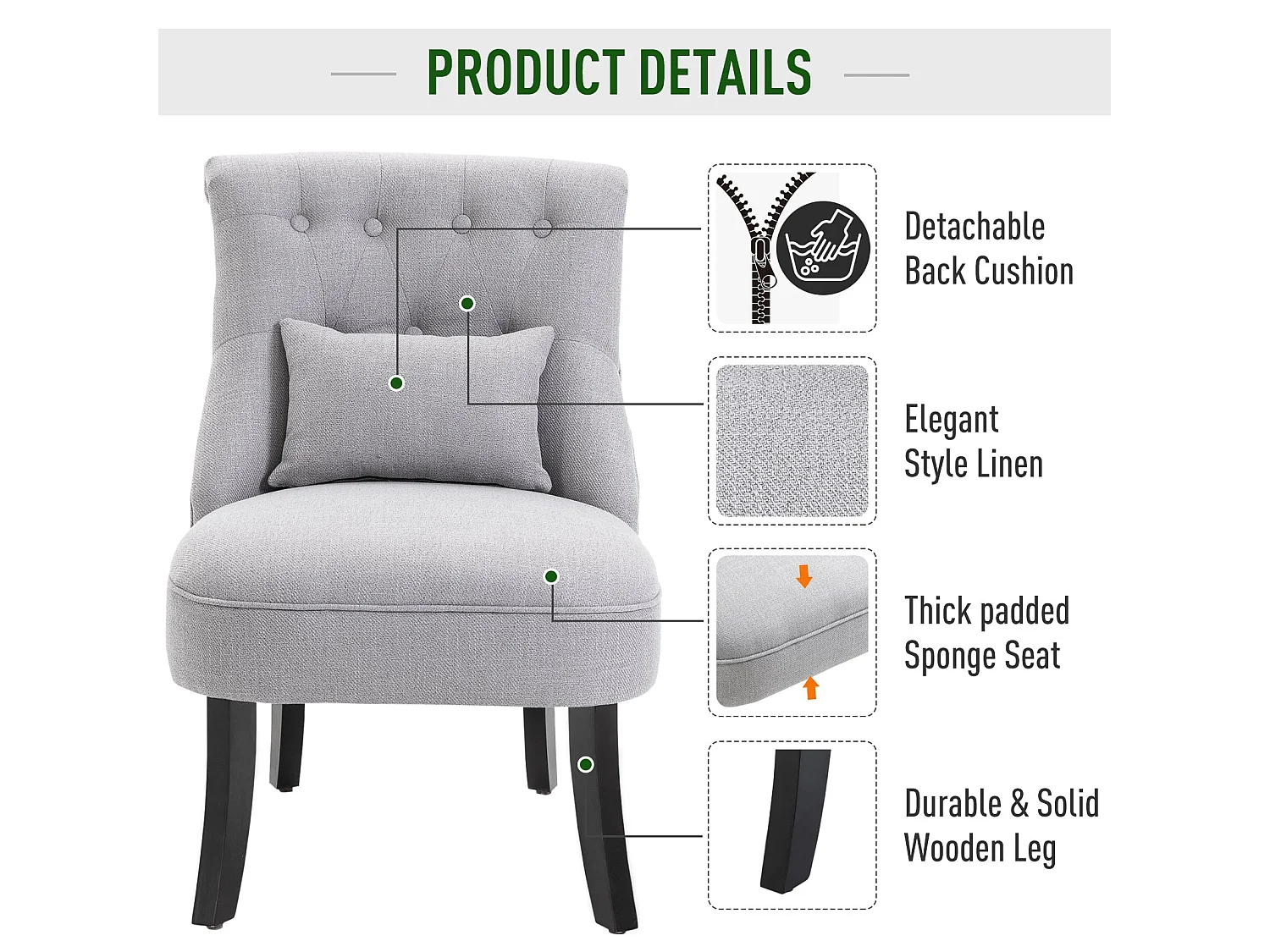Lifasu Grey Fabric Tub Accent Chair with Pillow and Solid Rubberwood Legs