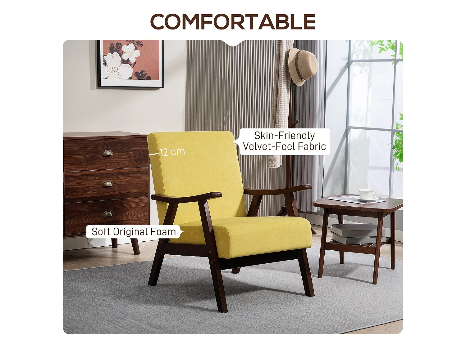 Surano Champagne Velvet Accent Armchair Nordic Design Solid Rubberwood Frame Deep Padded Seat