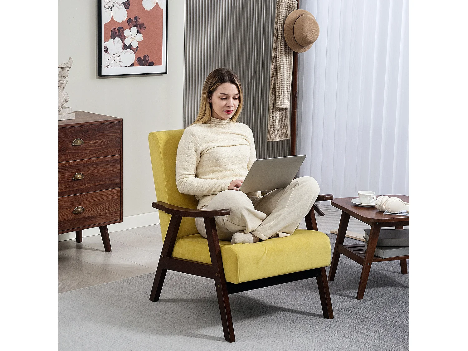 Surano Champagne Velvet Accent Armchair Nordic Design Solid Rubberwood Frame Deep Padded Seat