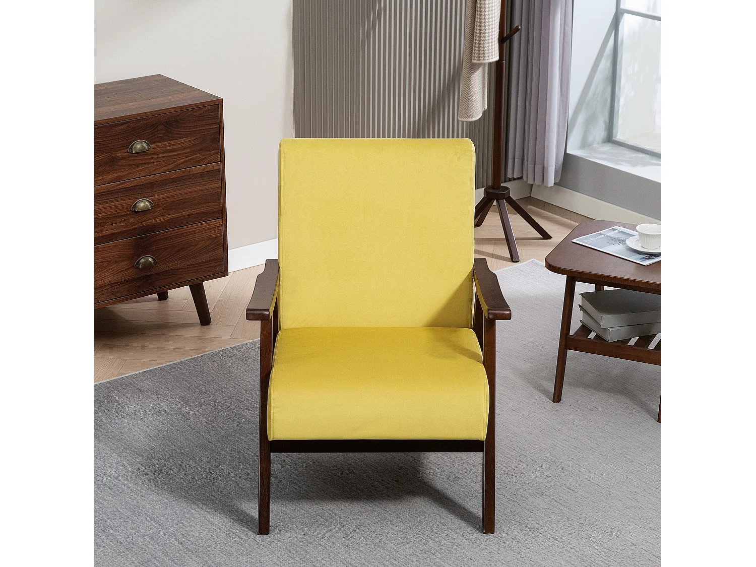 Surano Champagne Velvet Accent Armchair Nordic Design Solid Rubberwood Frame Deep Padded Seat
