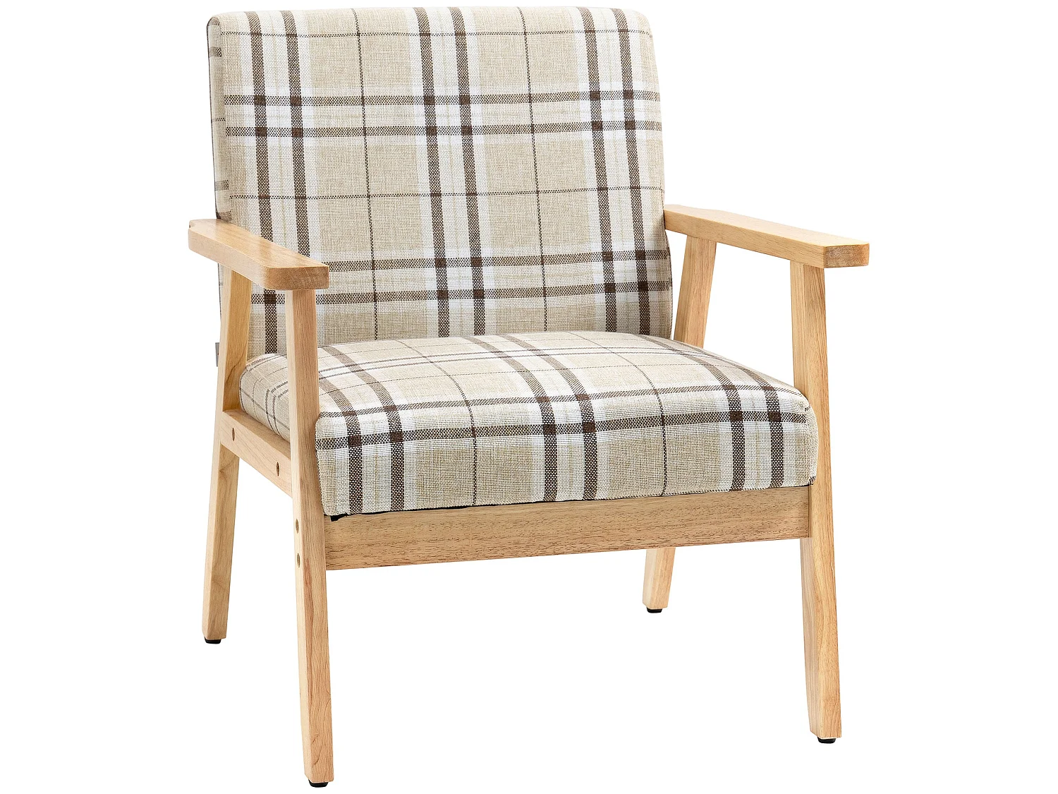 Sove Linen Beige Tartan Single Armchair with Wooden Frame