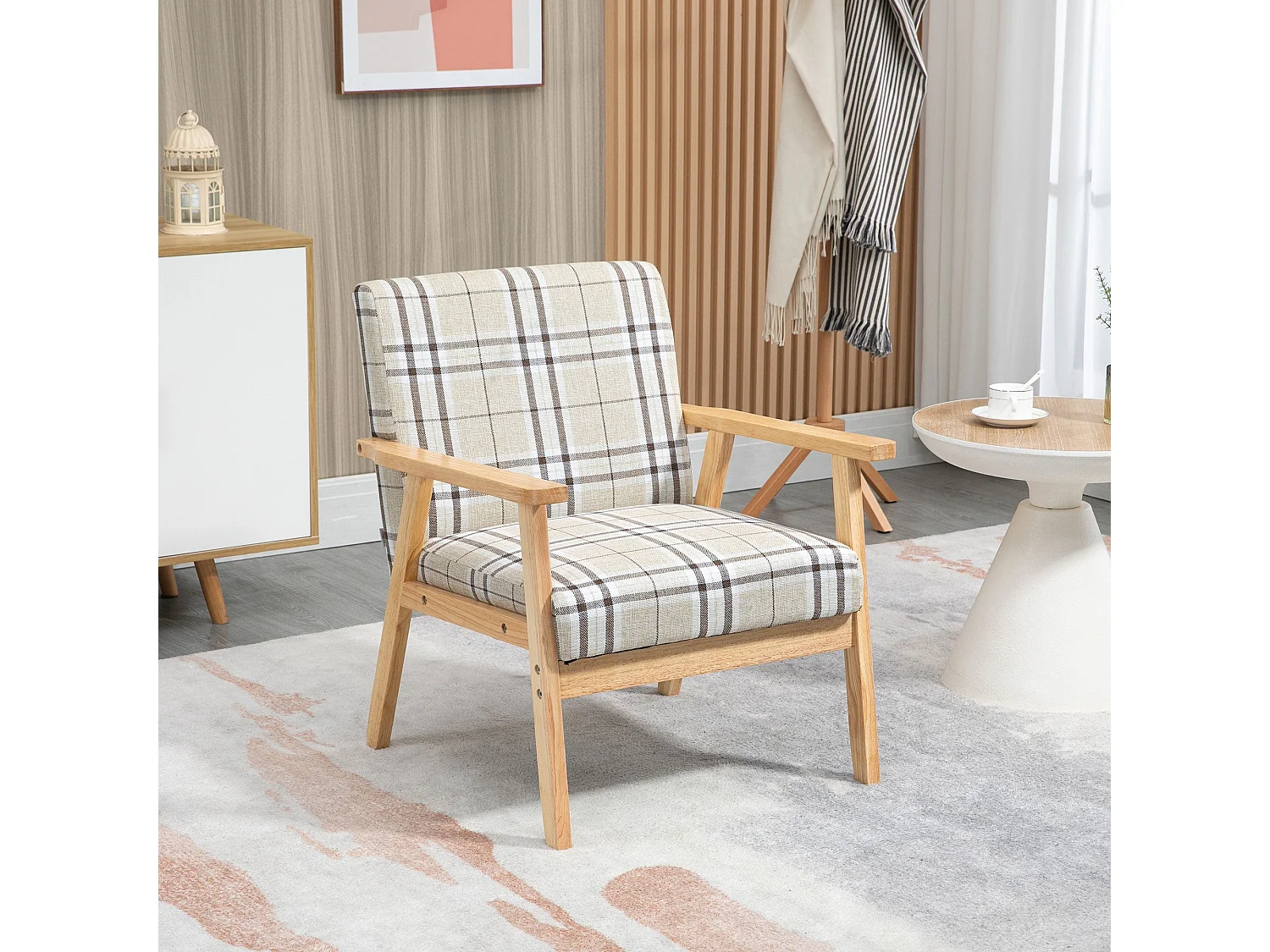 Sove Linen Beige Tartan Single Armchair with Wooden Frame