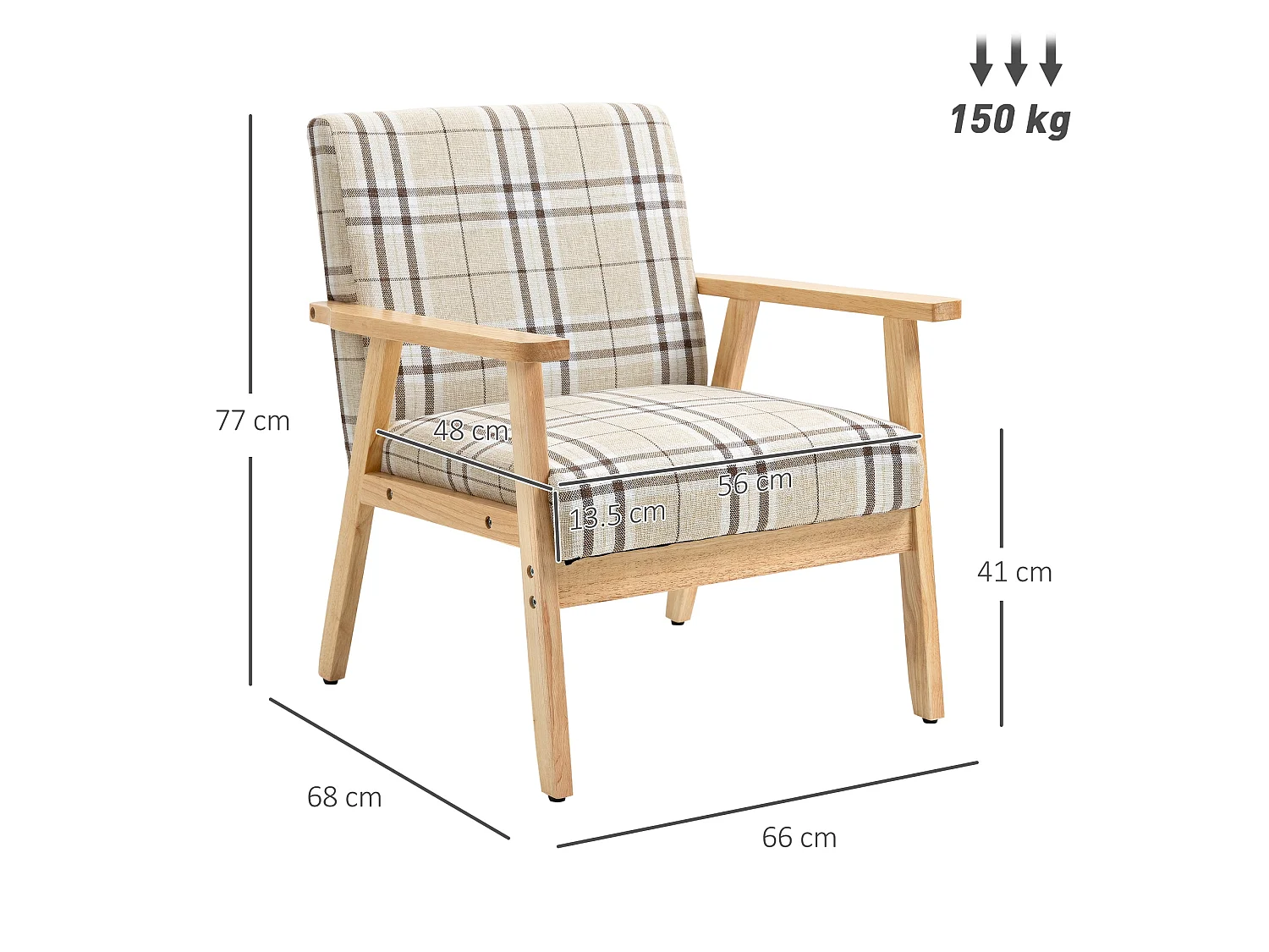 Sove Linen Beige Tartan Single Armchair with Wooden Frame