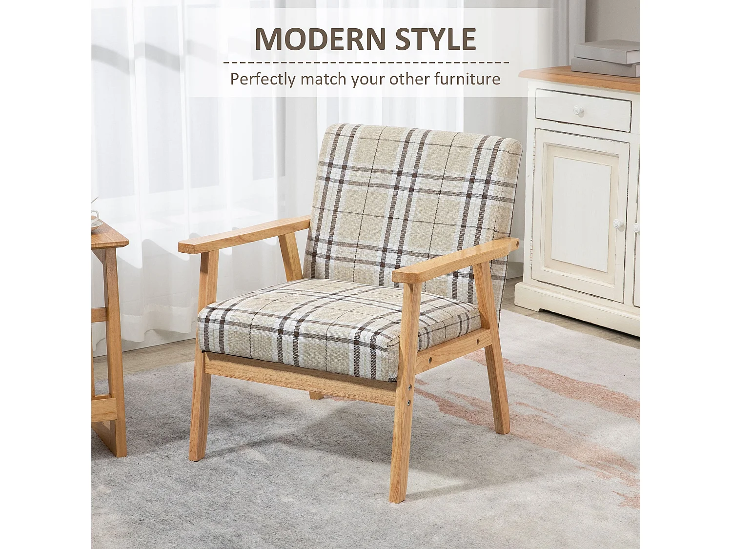 Sove Linen Beige Tartan Single Armchair with Wooden Frame