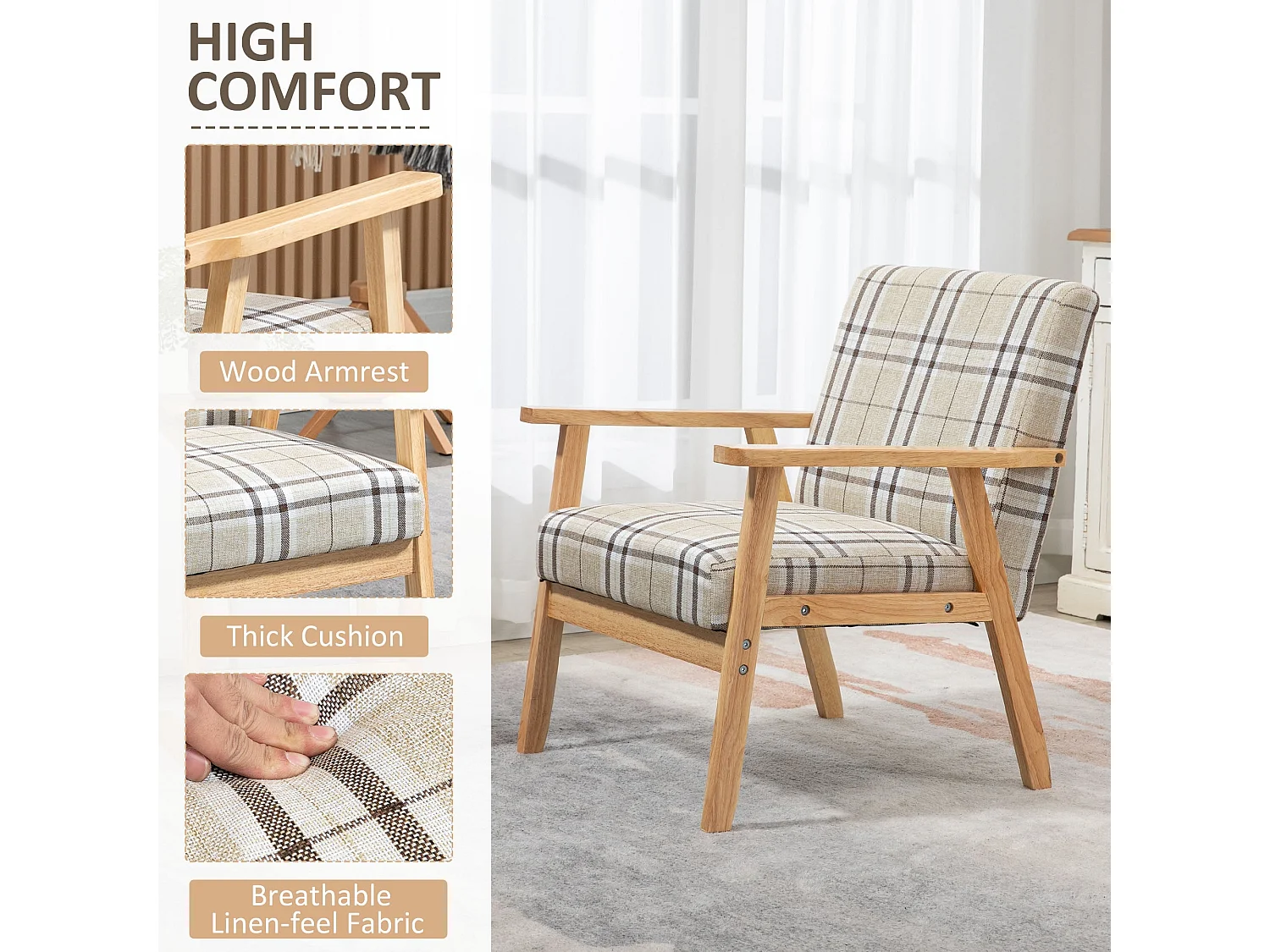 Sove Linen Beige Tartan Single Armchair with Wooden Frame
