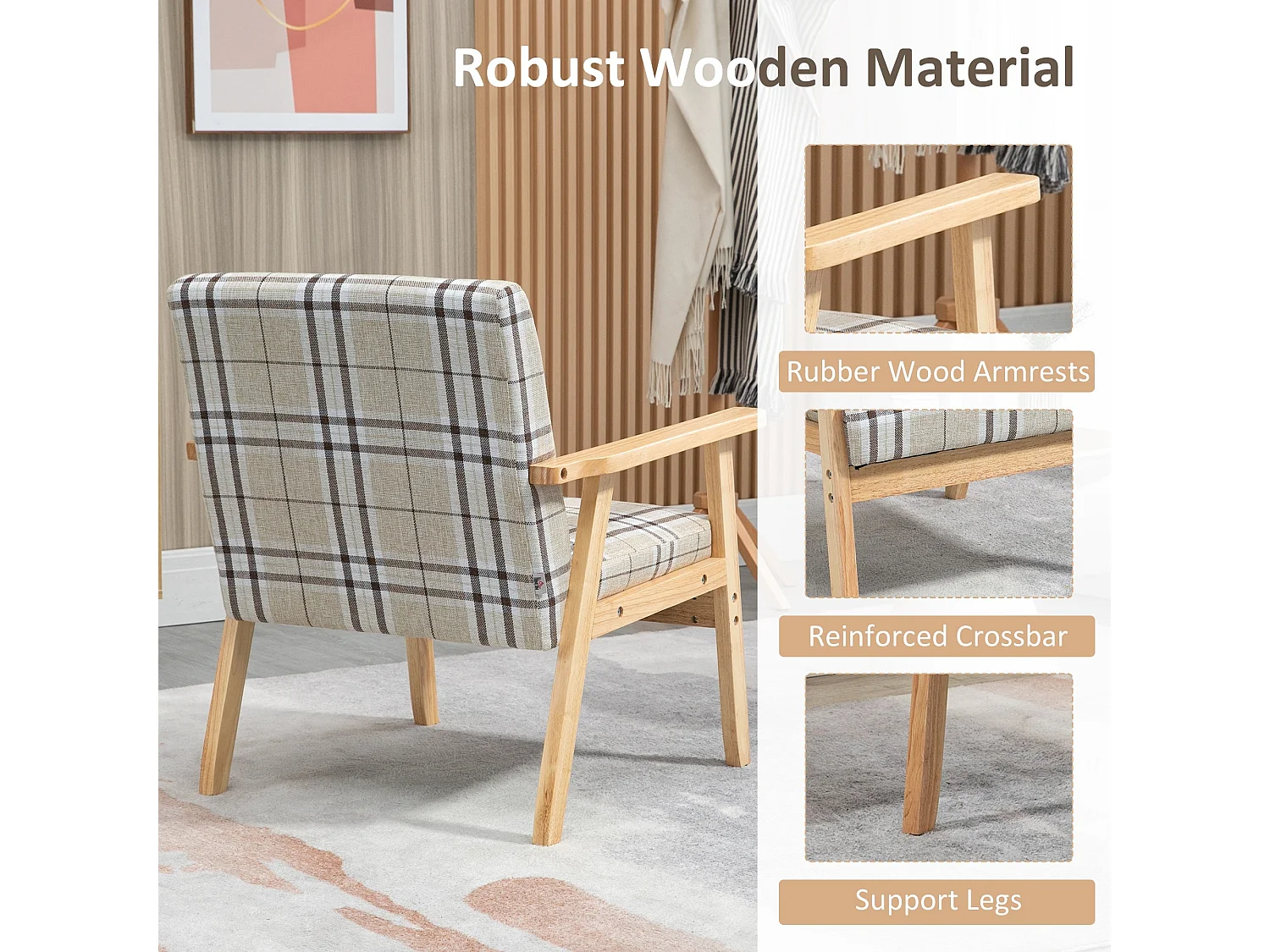 Sove Linen Beige Tartan Single Armchair with Wooden Frame