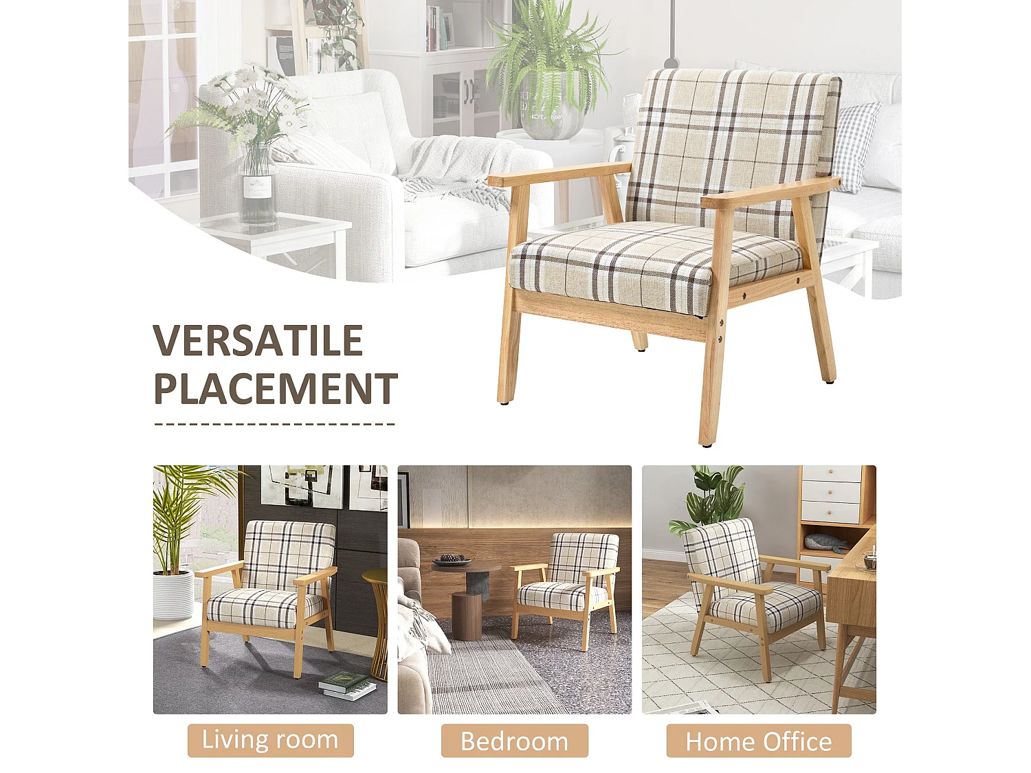 Sove Linen Beige Tartan Single Armchair with Wooden Frame