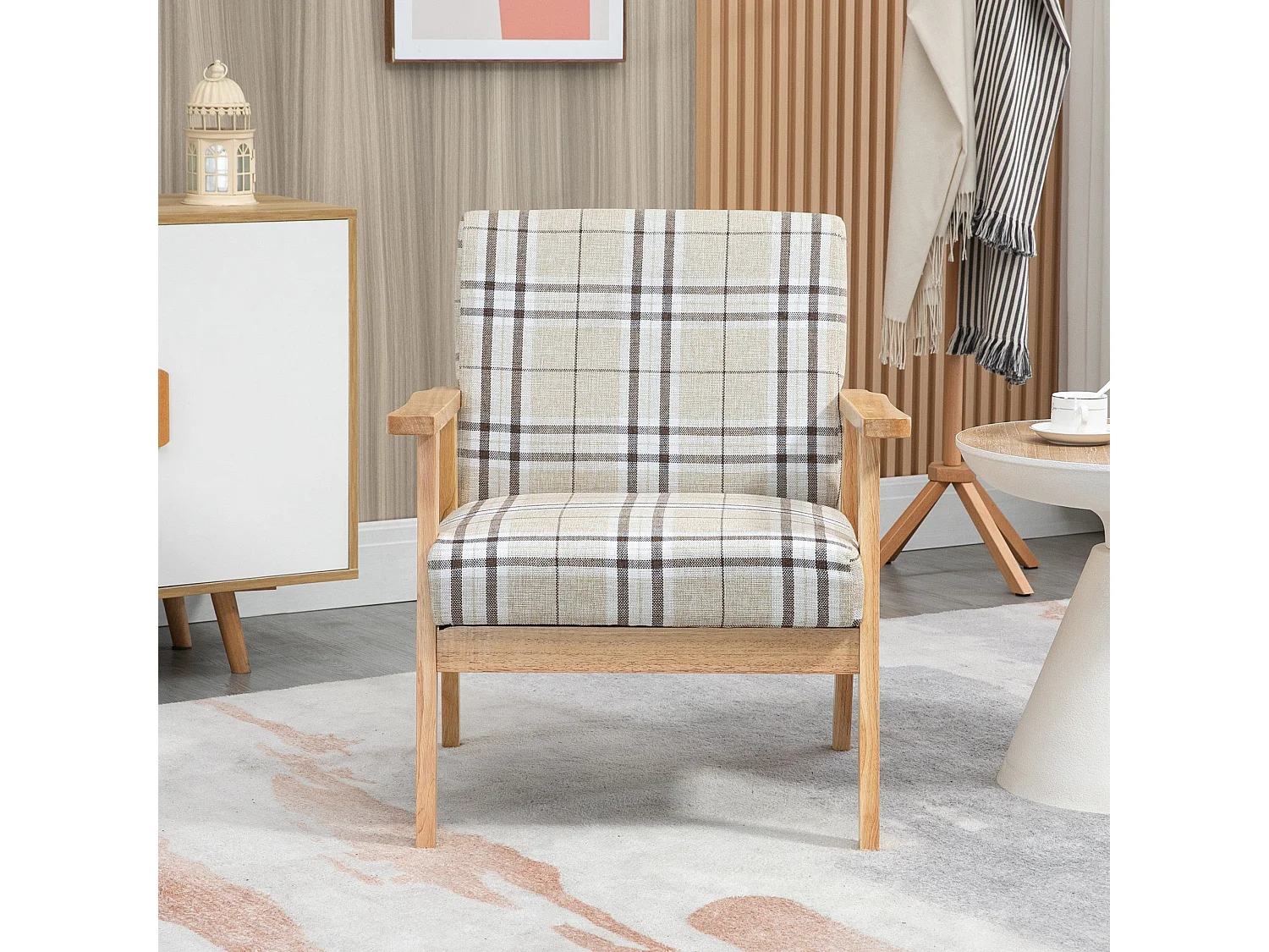 Sove Linen Beige Tartan Single Armchair with Wooden Frame