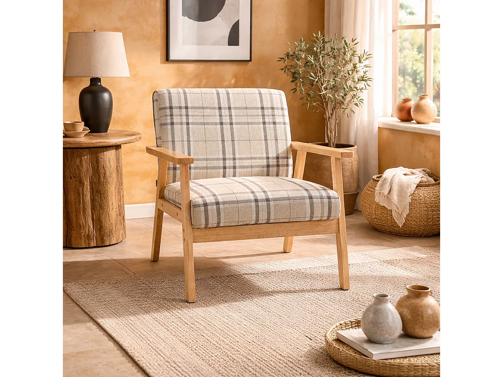 Sove Linen Beige Tartan Single Armchair with Wooden Frame