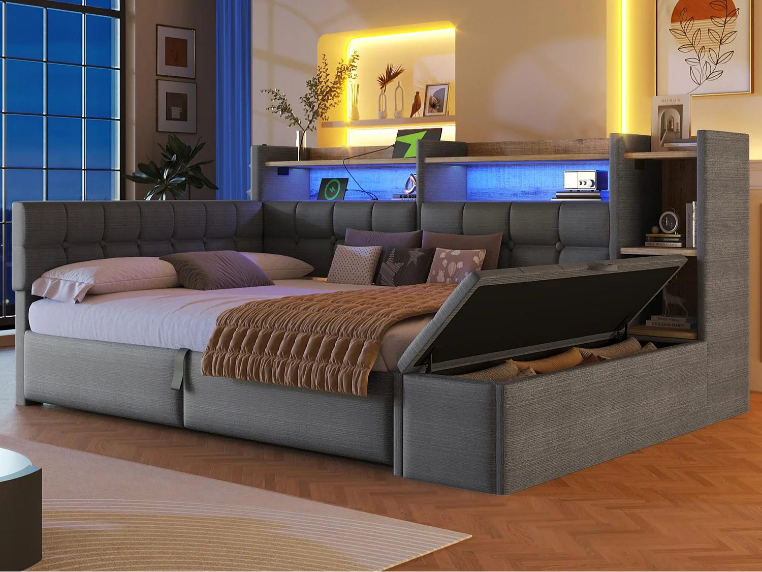 Schlafsofa mit Stauraum 140 × 200 cm - mit USB- + Type-C-Anschlüssen - Aufbewahrungsbank am Fußende des Bettes - mit LED-Lichtstreifen - Dunkelgrau