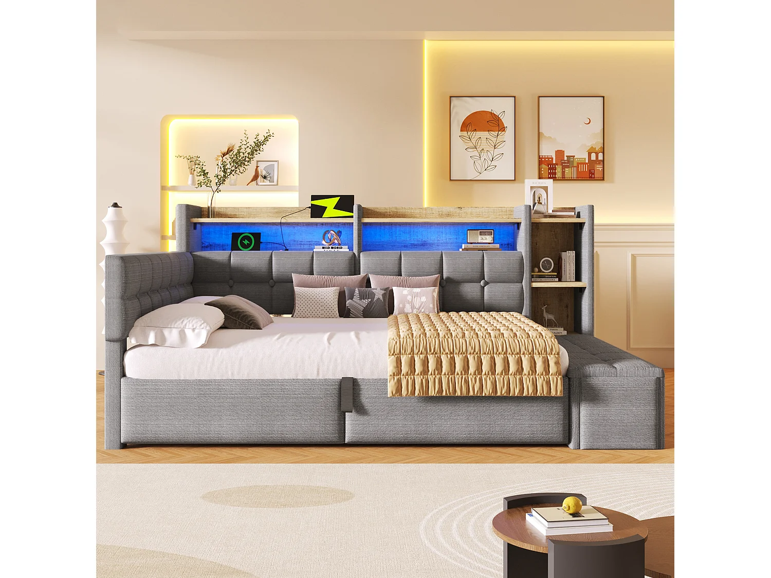 Schlafsofa mit Stauraum 140 × 200 cm - mit USB- + Type-C-Anschlüssen - Aufbewahrungsbank am Fußende des Bettes - mit LED-Lichtstreifen - Dunkelgrau