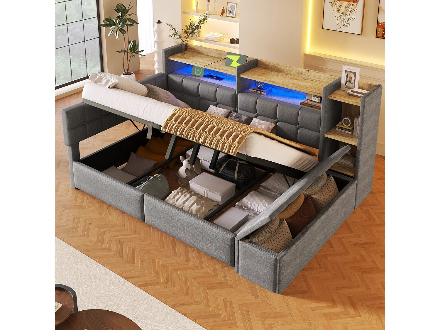 Schlafsofa mit Stauraum 140 × 200 cm - mit USB- + Type-C-Anschlüssen - Aufbewahrungsbank am Fußende des Bettes - mit LED-Lichtstreifen - Dunkelgrau