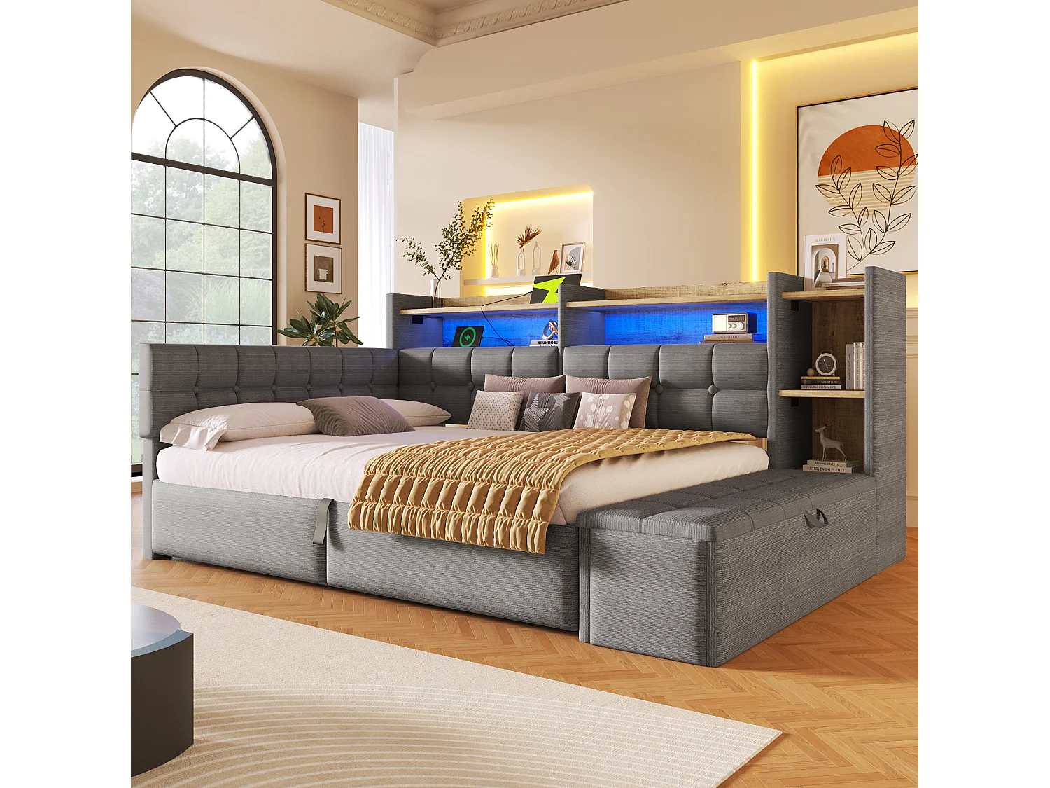 Schlafsofa mit Stauraum 140 × 200 cm - mit USB- + Type-C-Anschlüssen - Aufbewahrungsbank am Fußende des Bettes - mit LED-Lichtstreifen - Dunkelgrau