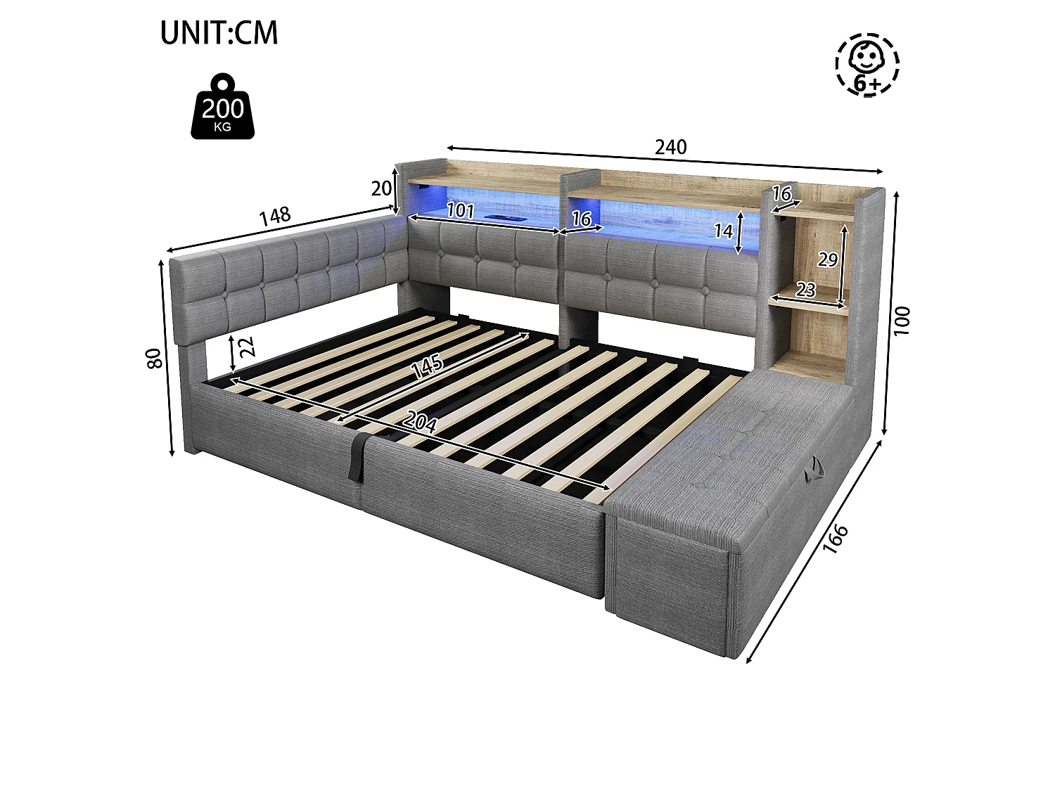 Schlafsofa mit Stauraum 140 × 200 cm - mit USB- + Type-C-Anschlüssen - Aufbewahrungsbank am Fußende des Bettes - mit LED-Lichtstreifen - Dunkelgrau