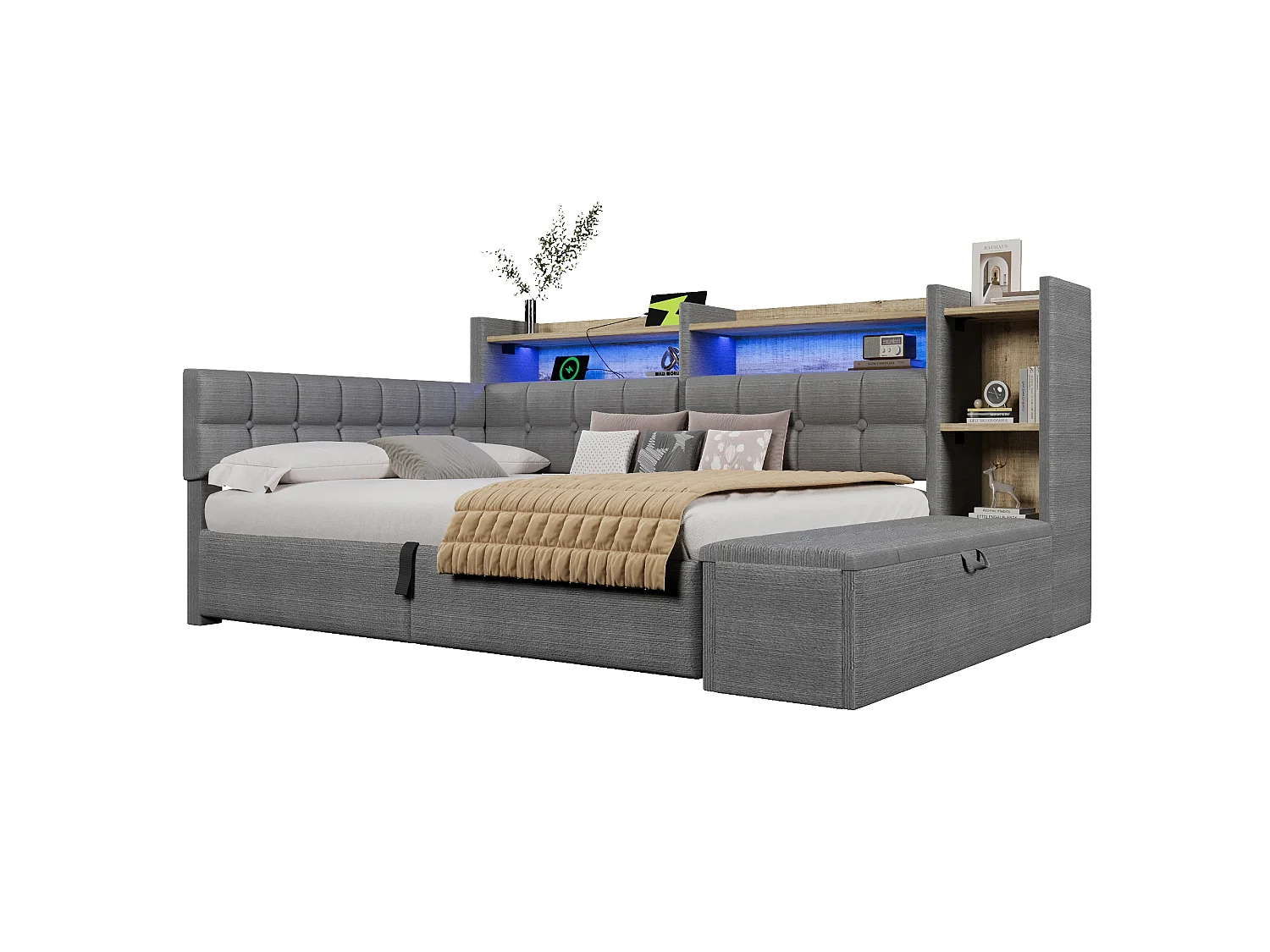 Schlafsofa mit Stauraum 140 × 200 cm - mit USB- + Type-C-Anschlüssen - Aufbewahrungsbank am Fußende des Bettes - mit LED-Lichtstreifen - Dunkelgrau