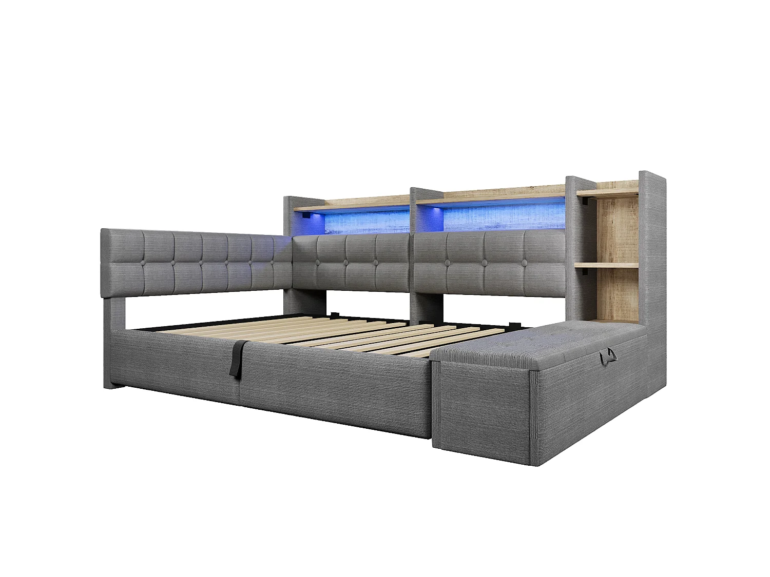 Schlafsofa mit Stauraum 140 × 200 cm - mit USB- + Type-C-Anschlüssen - Aufbewahrungsbank am Fußende des Bettes - mit LED-Lichtstreifen - Dunkelgrau