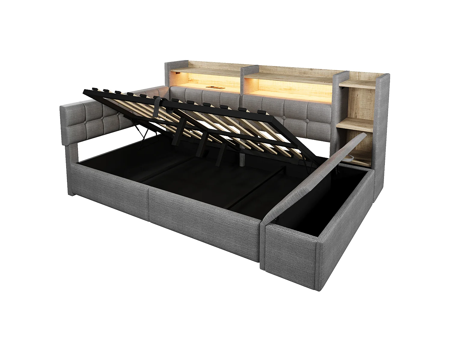 Schlafsofa mit Stauraum 140 × 200 cm - mit USB- + Type-C-Anschlüssen - Aufbewahrungsbank am Fußende des Bettes - mit LED-Lichtstreifen - Dunkelgrau
