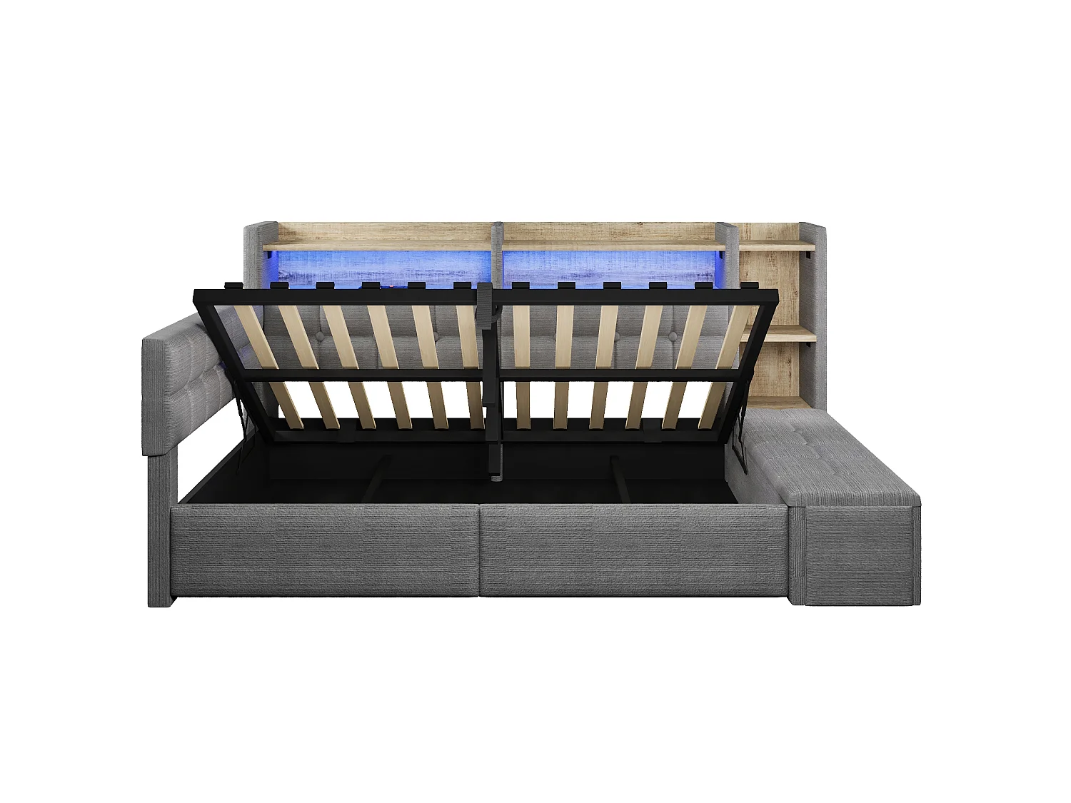 Schlafsofa mit Stauraum 140 × 200 cm - mit USB- + Type-C-Anschlüssen - Aufbewahrungsbank am Fußende des Bettes - mit LED-Lichtstreifen - Dunkelgrau