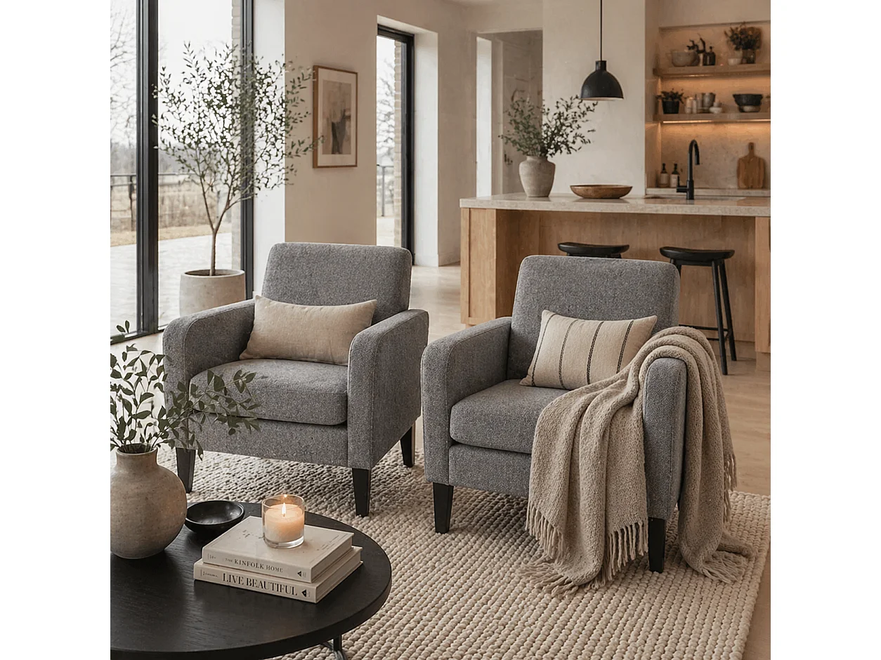 Sesuma Set of 2 Dove Grey Modern Accent Armchairs with Black Legs