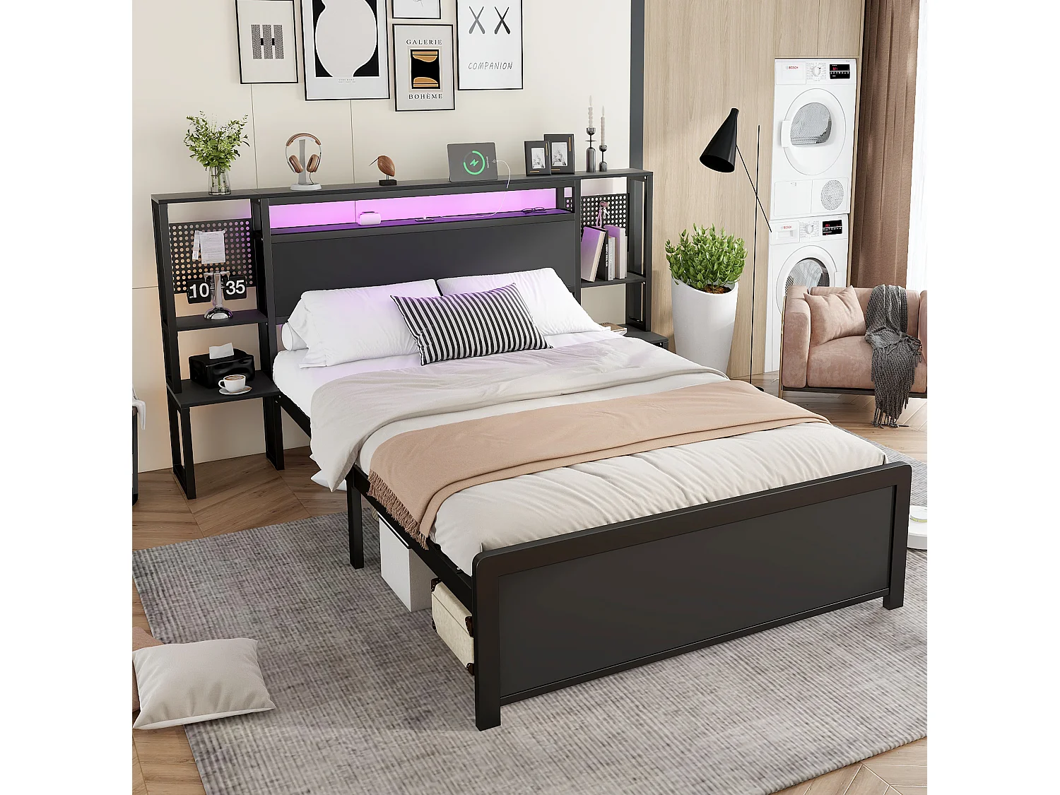 Metal wrought iron double bed 135×190 cm - with multi-color LED light strip and charging port - integrated bedside table - black