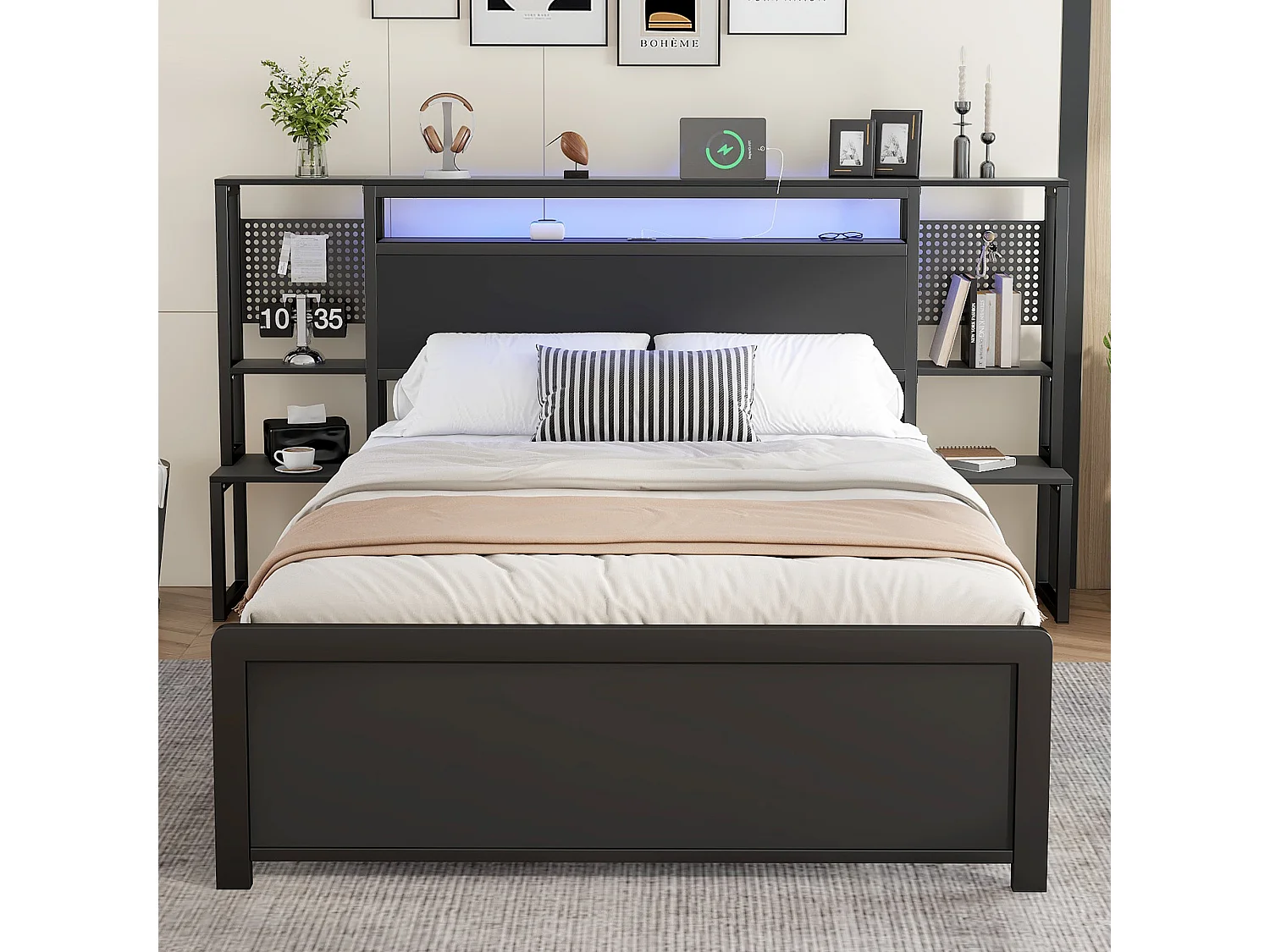 Metal wrought iron double bed 135×190 cm - with multi-color LED light strip and charging port - integrated bedside table - black