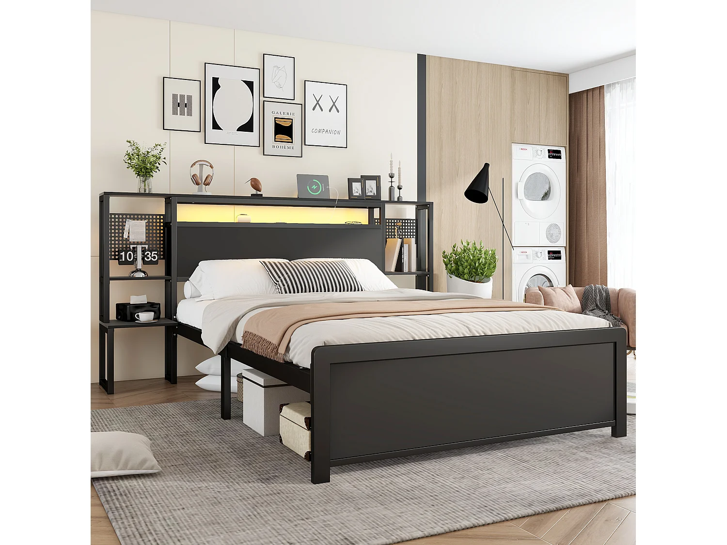 Metal wrought iron double bed 135×190 cm - with multi-color LED light strip and charging port - integrated bedside table - black