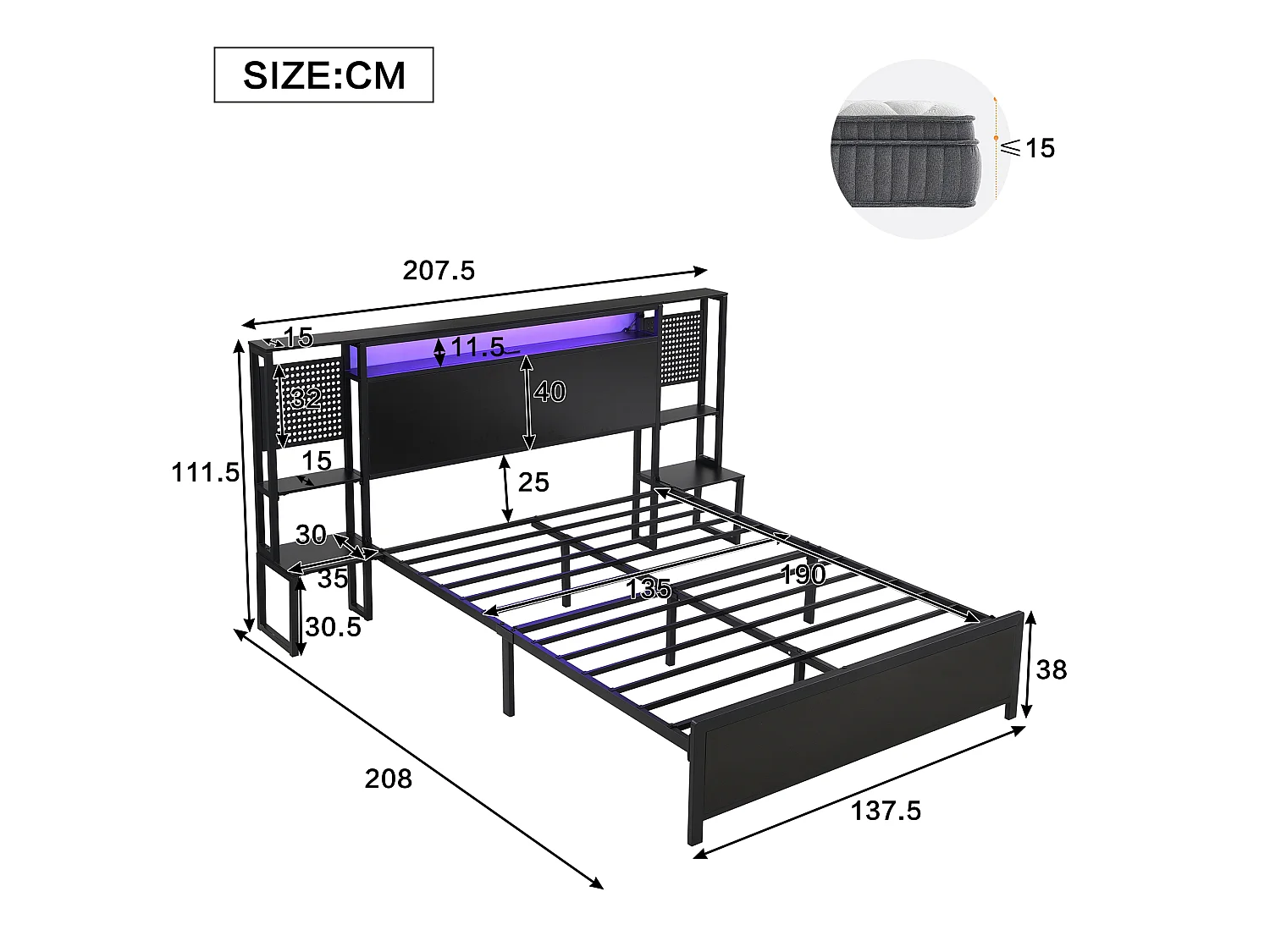 Metal wrought iron double bed 135×190 cm - with multi-color LED light strip and charging port - integrated bedside table - black