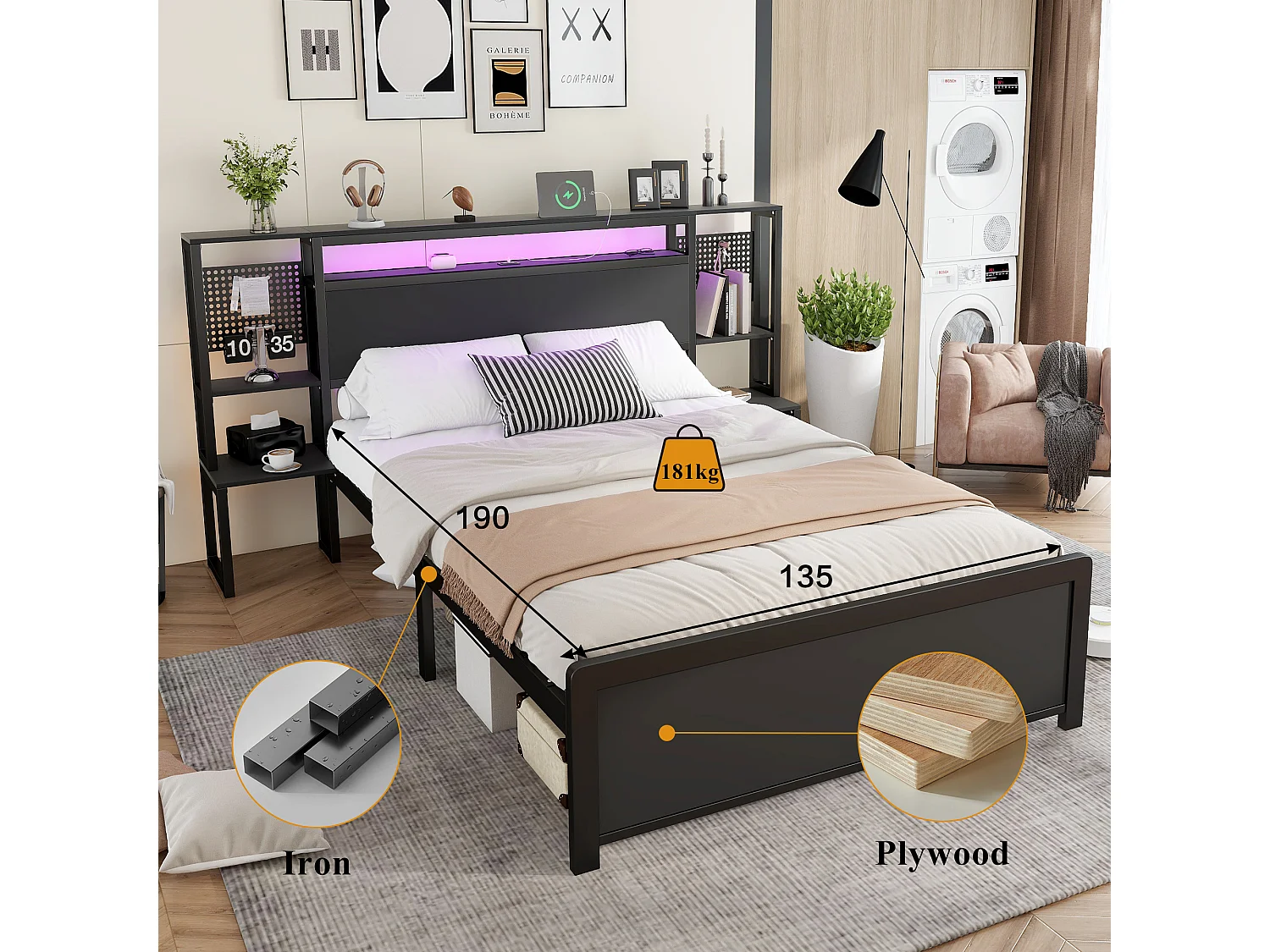 Metal wrought iron double bed 135×190 cm - with multi-color LED light strip and charging port - integrated bedside table - black