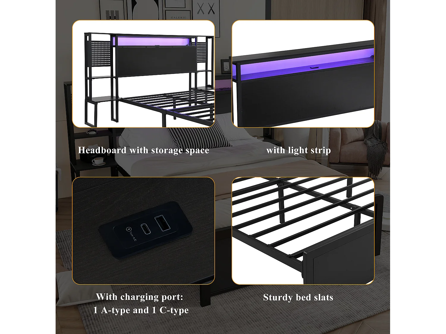 Metal wrought iron double bed 135×190 cm - with multi-color LED light strip and charging port - integrated bedside table - black