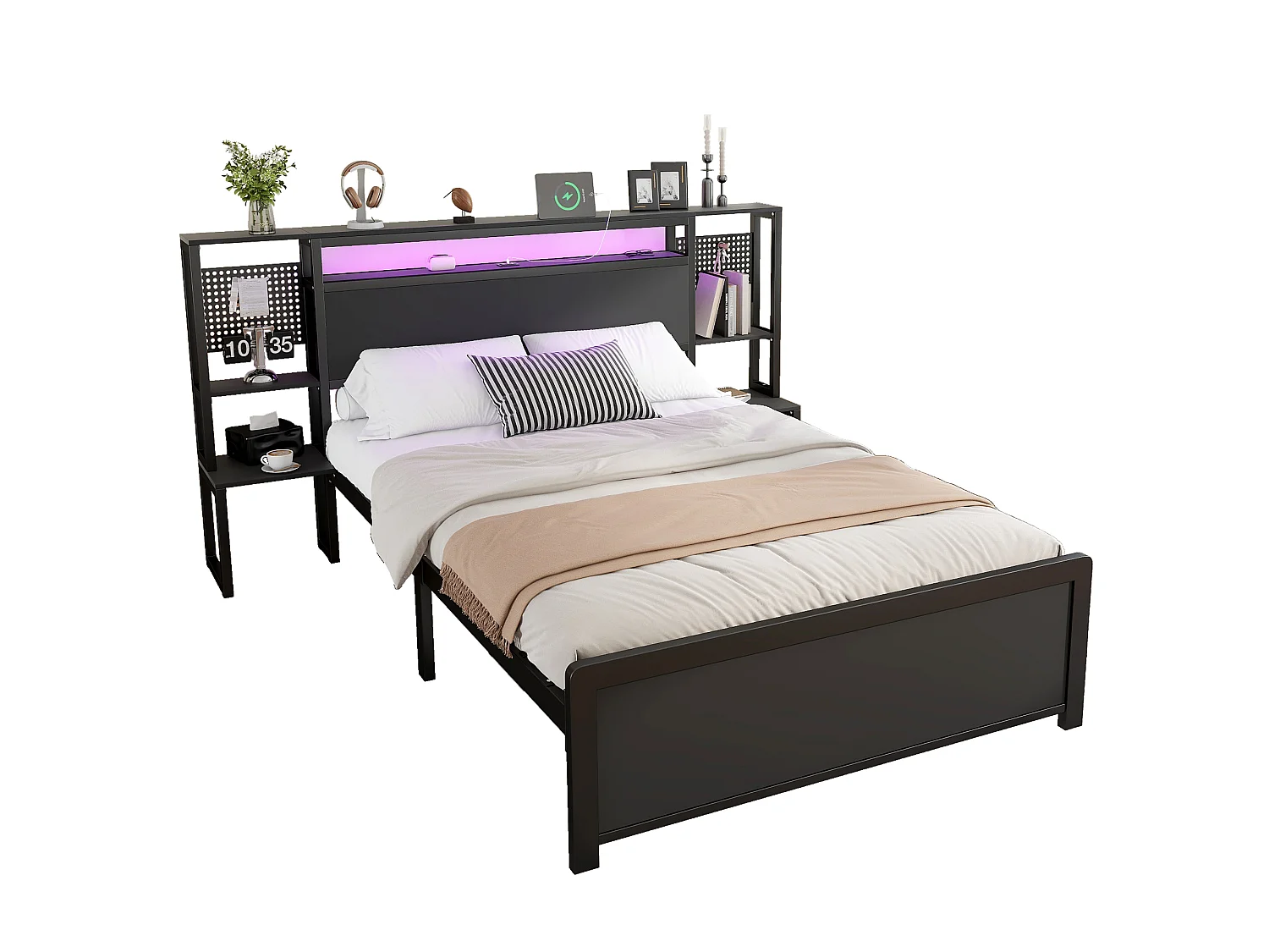 Metal wrought iron double bed 135×190 cm - with multi-color LED light strip and charging port - integrated bedside table - black